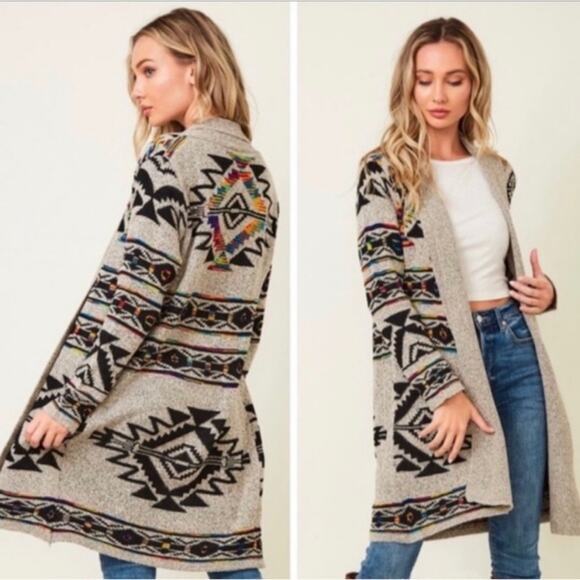 Northern Angel Women's Open Front Long Tribal Aztec Sweater Cardigan Medium‎ - Picture 1 of 13